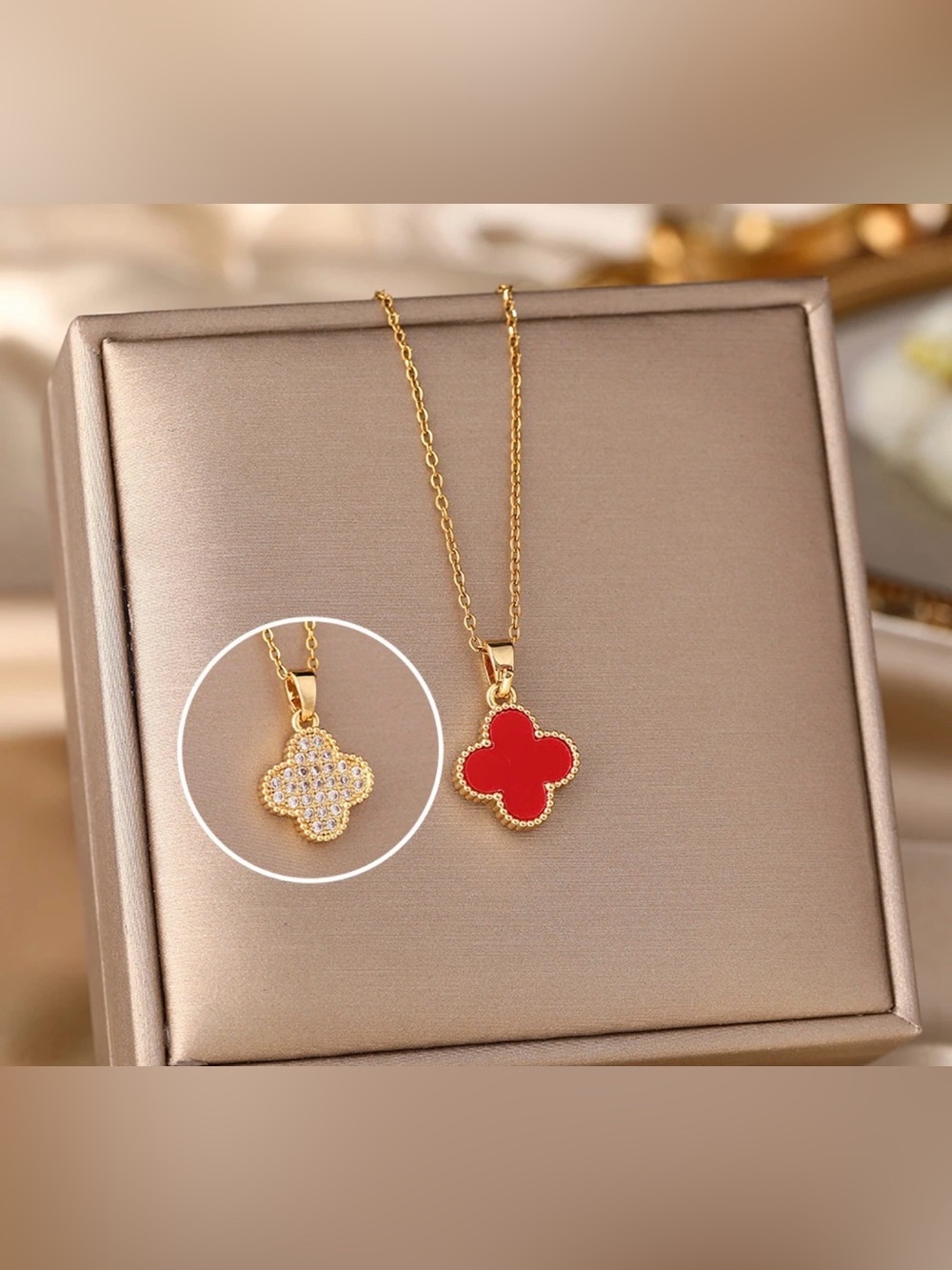 Gold Four-Leaf Clover Pendant Necklace with Red Enamel- Double sided